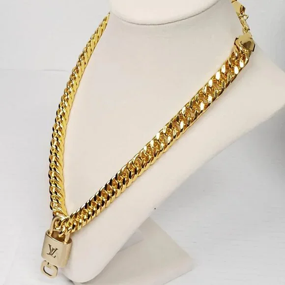 Authentic Louis Vuitton Padlock w/unbranded Cuban Style 18k Gold Plated Chain - Picture 2 of 15